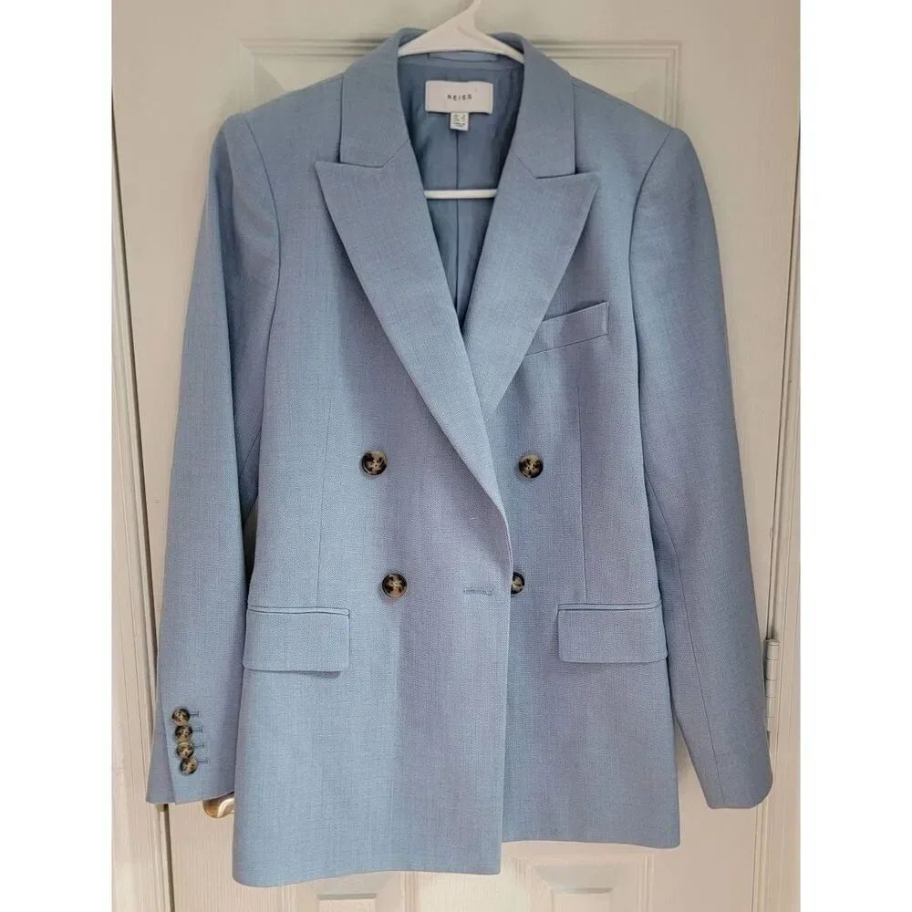 REISS Double Breasts Peak Lapel Suit Blazer In Blue Sz: 2 - Picture 3 of 12